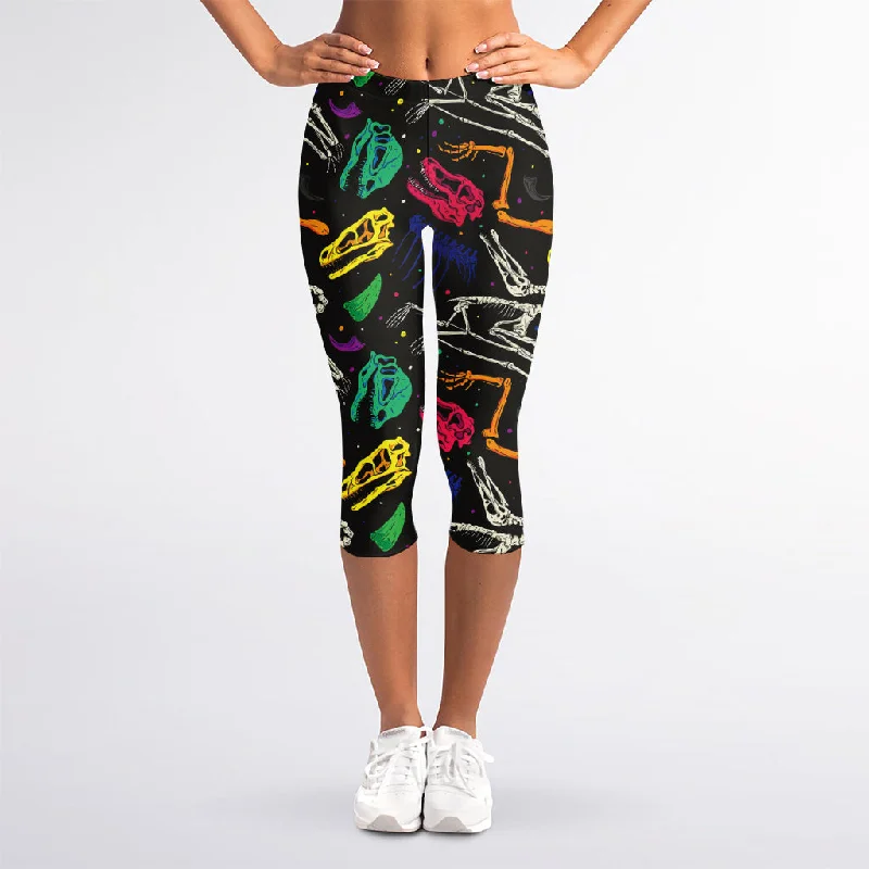 Colorful Dinosaur Fossil Pattern Print Women's Capri Leggings Fashionable Ribbed Knit Leggings