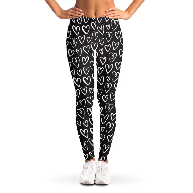 Cute Black And White Heart Pattern Print Women's Leggings Cozy Textured Workout Leggings