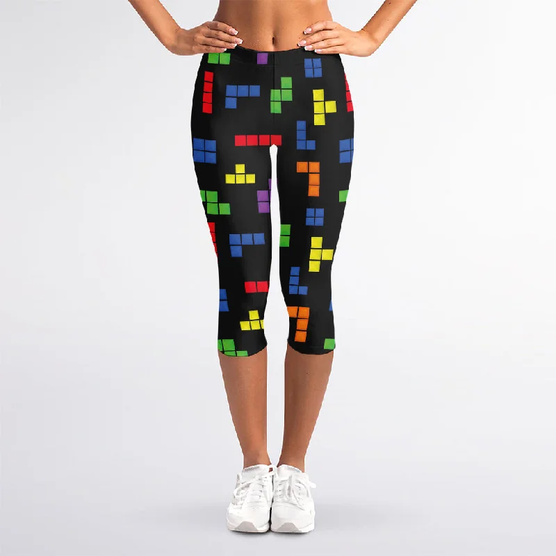 Colorful Block Puzzle Game Pattern Print Women's Capri Leggings Comfortable Ribbed Sports Leggings