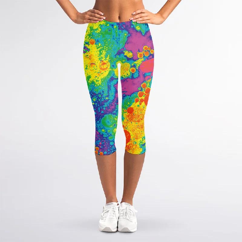 Colorful Acid Melt Print Women's Capri Leggings Chic Floral Print Leggings