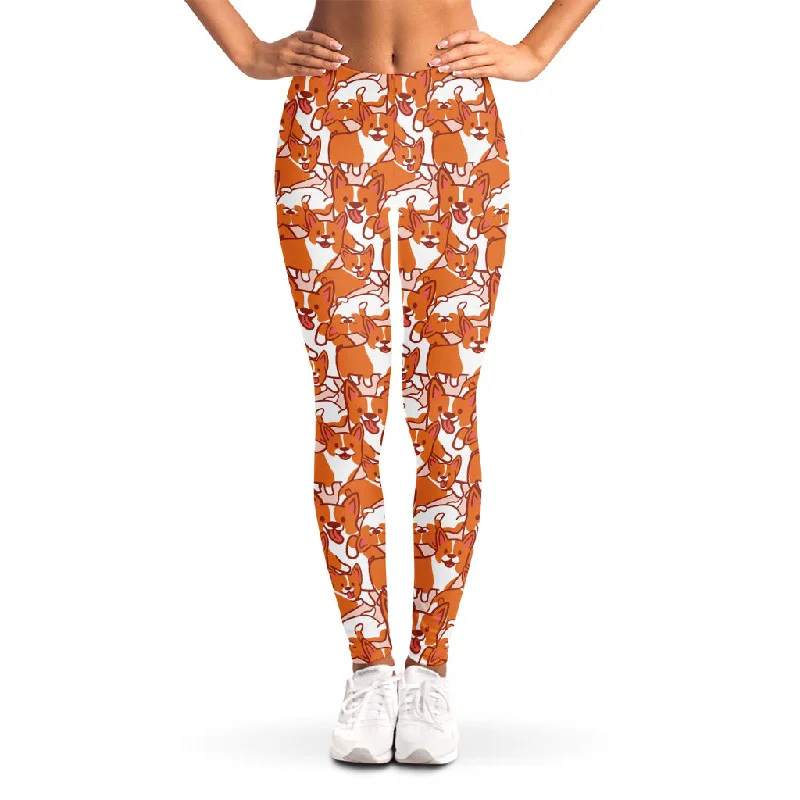 Cute Corgi Pattern Print Women's Leggings Elegant Satin Finish Leggings