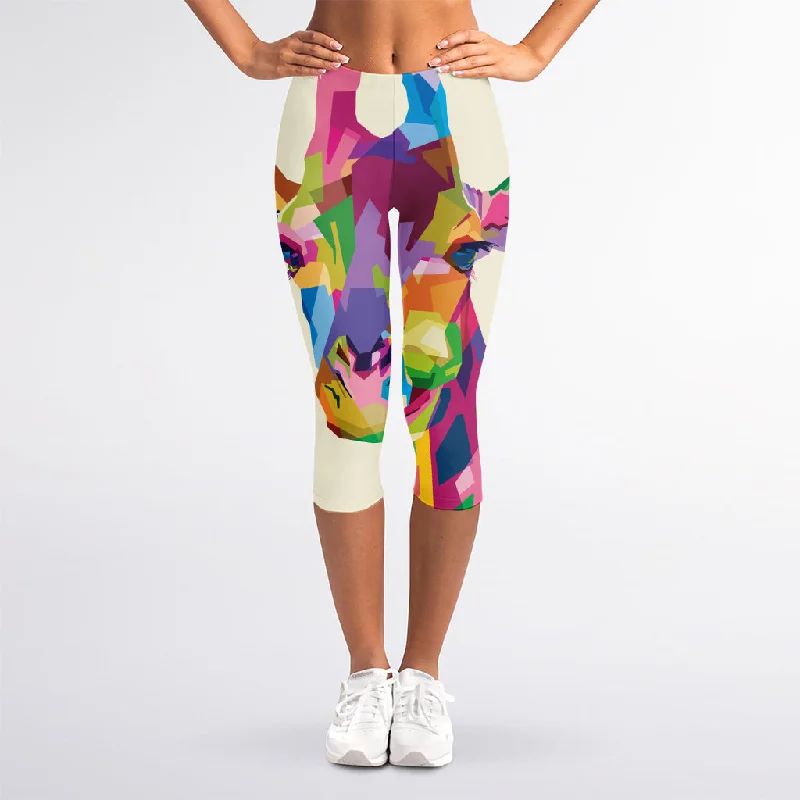 Colorful Giraffe Portrait Print Women's Capri Leggings Trendy Seamless Fit Leggings