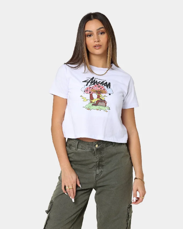 Stussy Women's Something's Cookin' Slim T-Shirt White Collared Crew Neck Turtle Neck