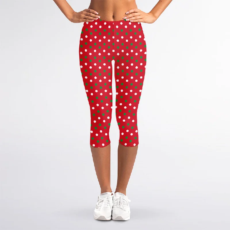 Christmas Polka Dot Pattern Print Women's Capri Leggings Comfortable Compression Leggings