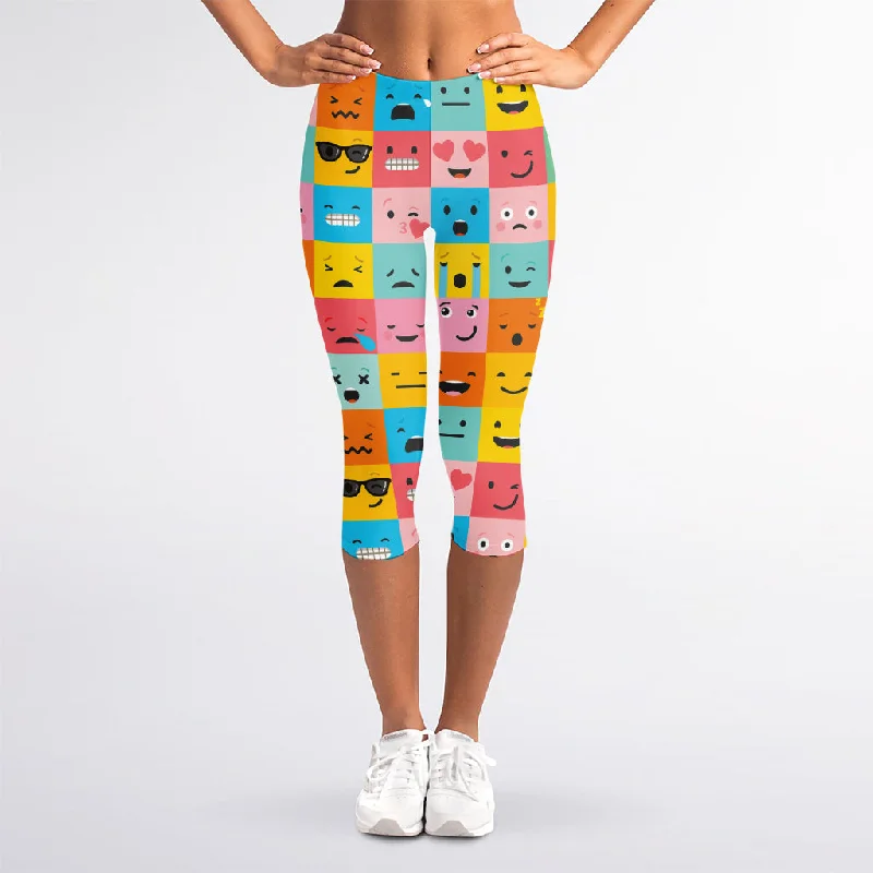 Colorful Emoji Pattern Print Women's Capri Leggings Comfortable Printed Workout Leggings