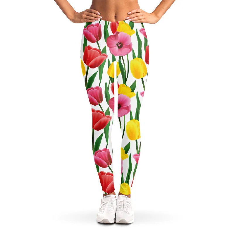 Colorful Tulip Pattern Print Women's Leggings Stylish Side-Stripe Leggings