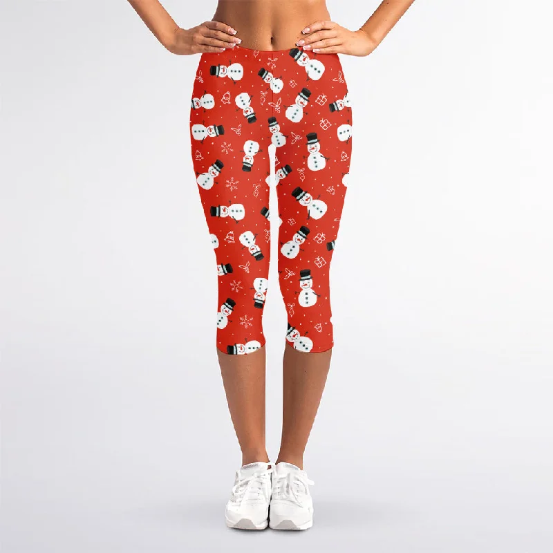 Christmas Snowman Pattern Print Women's Capri Leggings Stylish Capri Leggings