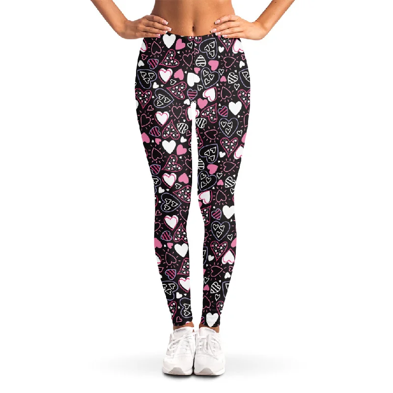 Cute Girly Heart Pattern Print Women's Leggings Stylish Side-Stripe Leggings