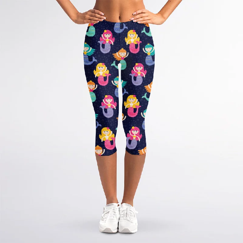 Colorful Mermaid Pattern Print Women's Capri Leggings Cozy Textured Workout Leggings