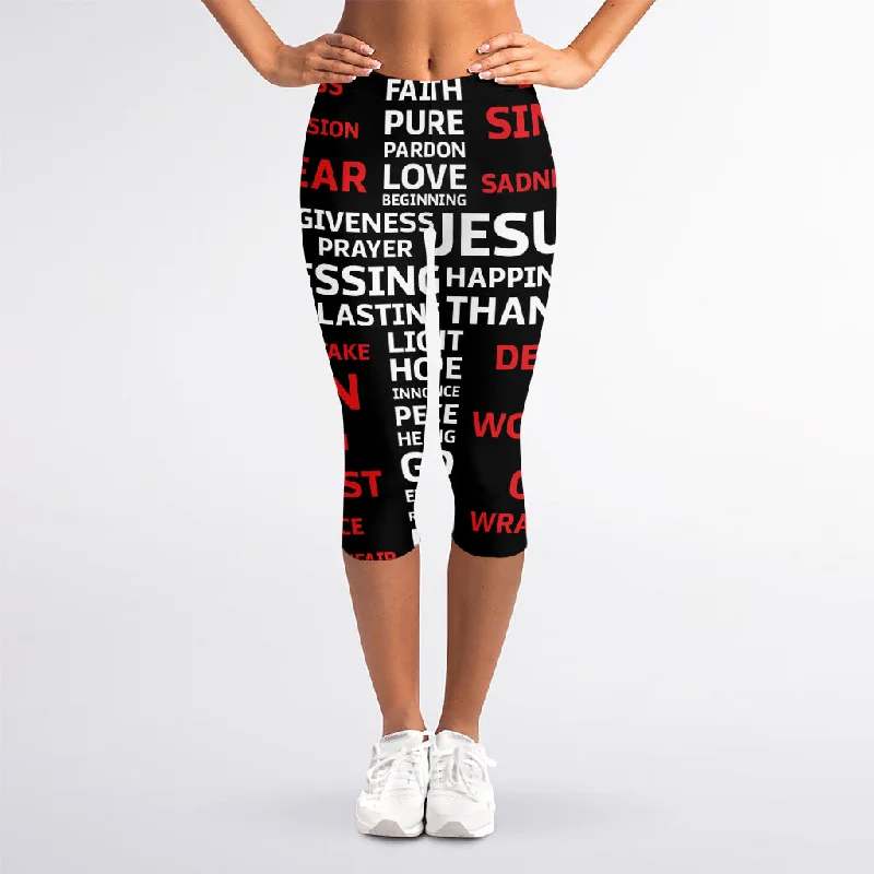 Christian Cross Religious Words Print Women's Capri Leggings Chic Printed Yoga Pants