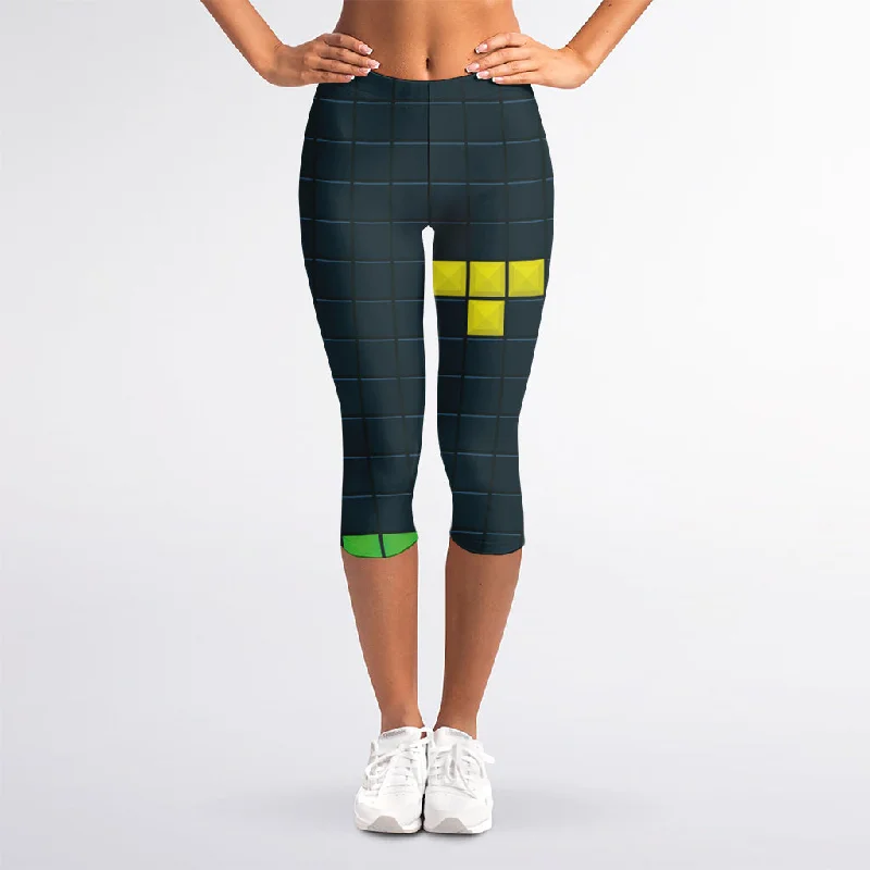 Colorful Block Puzzle Video Game Print Women's Capri Leggings Casual Sporty Leggings