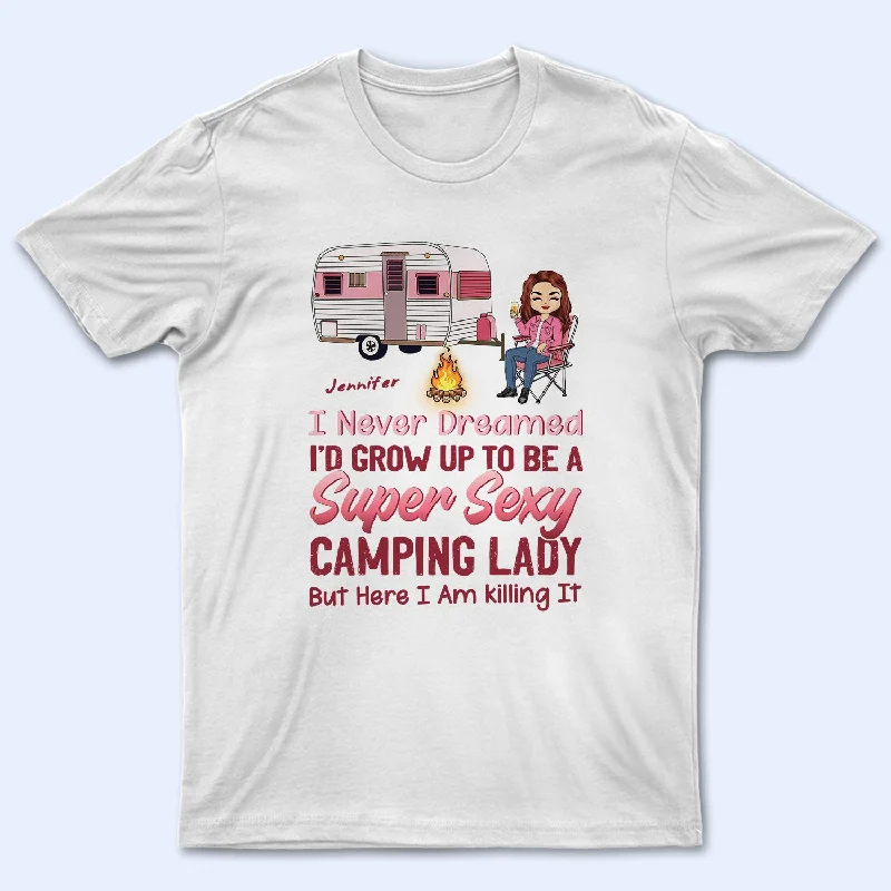 Pink Super Sexy Camping Lady - Personalized Custom T Shirt Chenille Fabric Brocade Fabric Lace Fabric