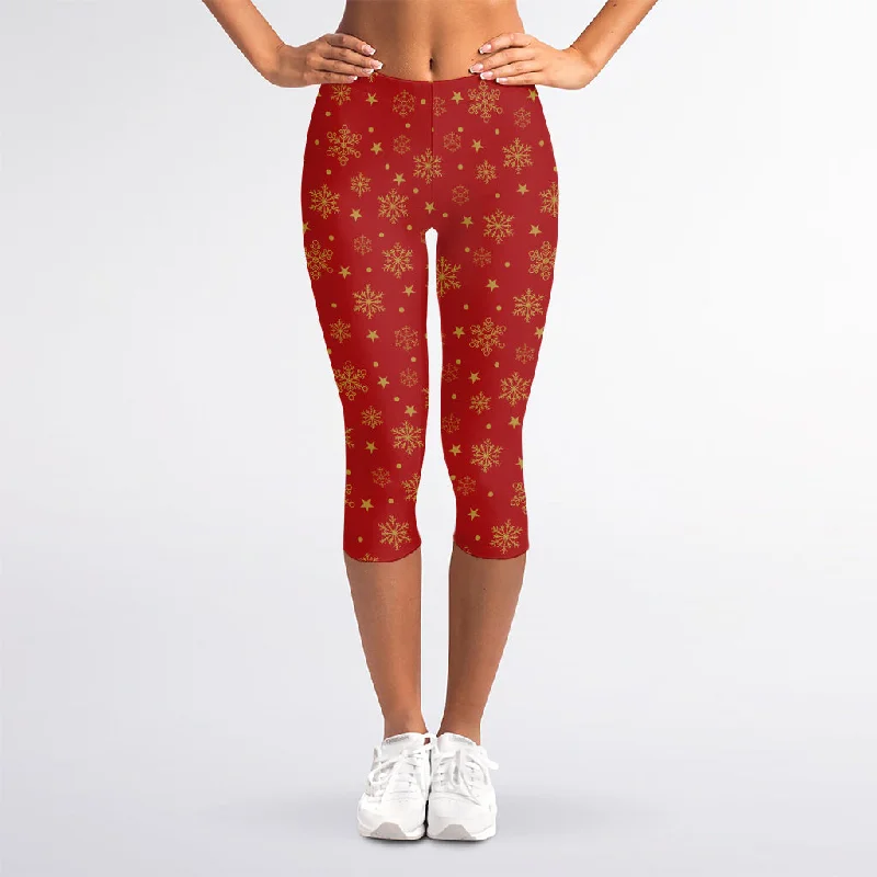 Christmas Snowflakes And Stars Print Women's Capri Leggings Comfortable Slip-On Compression Leggings