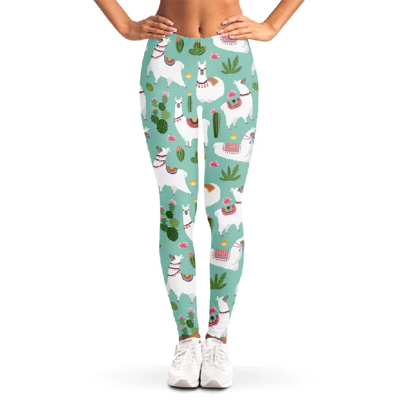 Cute Cactus And Llama Pattern Print Women's Leggings Stylish Stretch Print Leggings