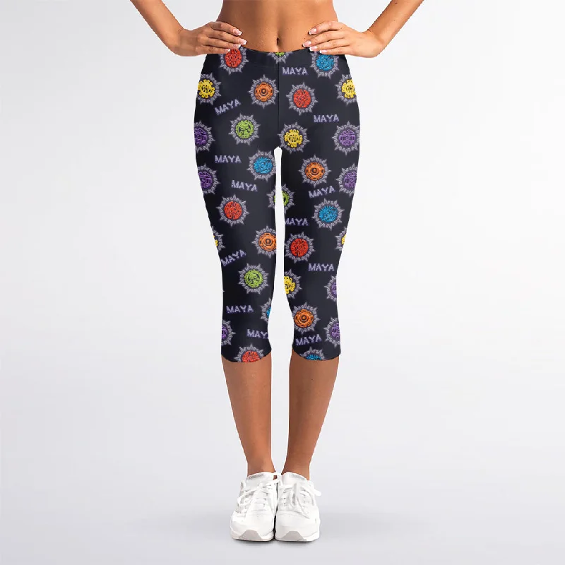 Colorful Maya Pattern Print Women's Capri Leggings Stylish Ultra Stretch Leggings