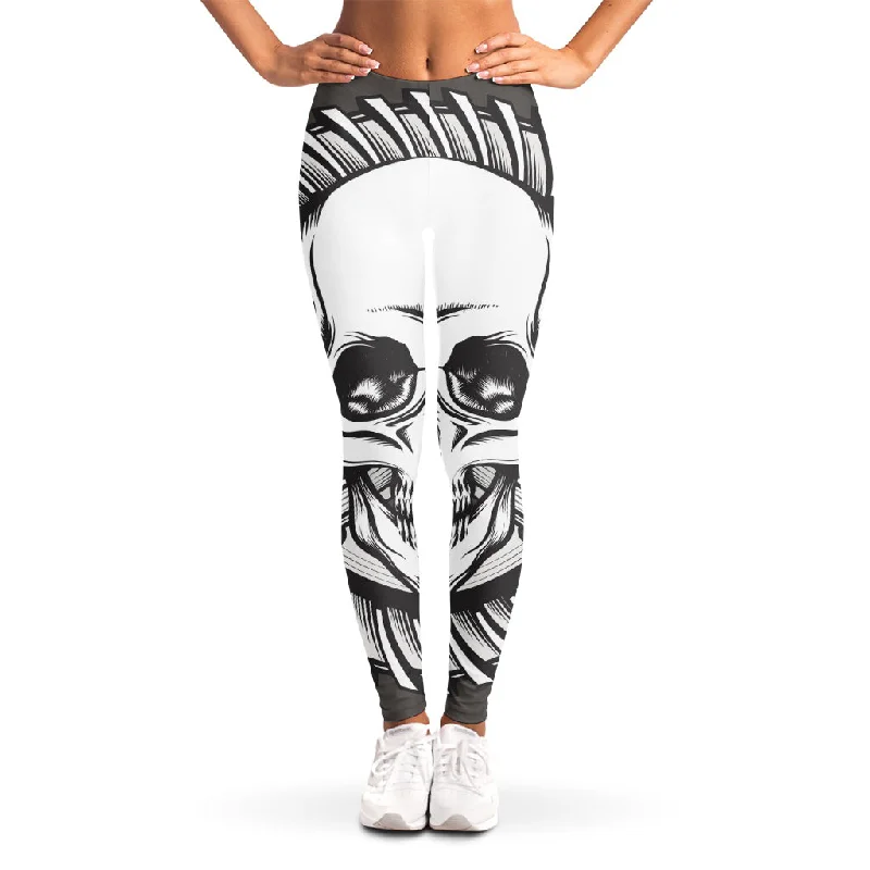 Cross Piston Mechanic Skull Print Women's Leggings Elegant Black Leggings