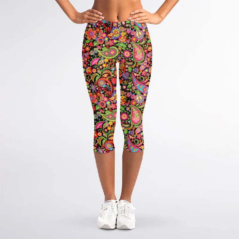 Colorful Hippie Peace Signs Print Women's Capri Leggings Casual Black Leggings