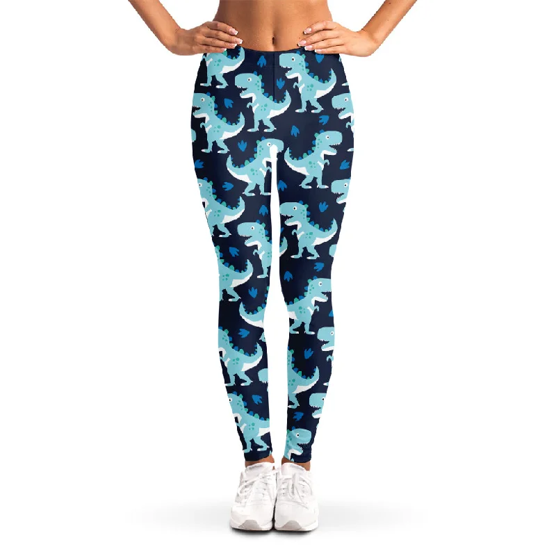 Cute Blue T-Rex Dinosaur Pattern Print Women's Leggings Stylish Colorful Activewear Leggings