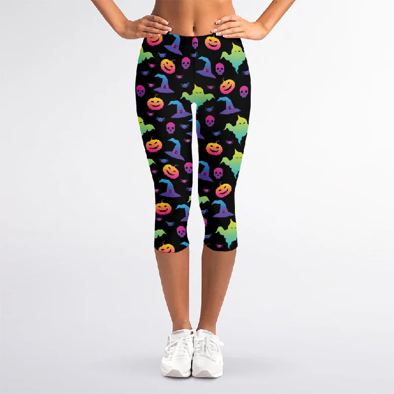 Colorful Halloween Party Pattern Print Women's Capri Leggings Trendy Foil Finish Leggings