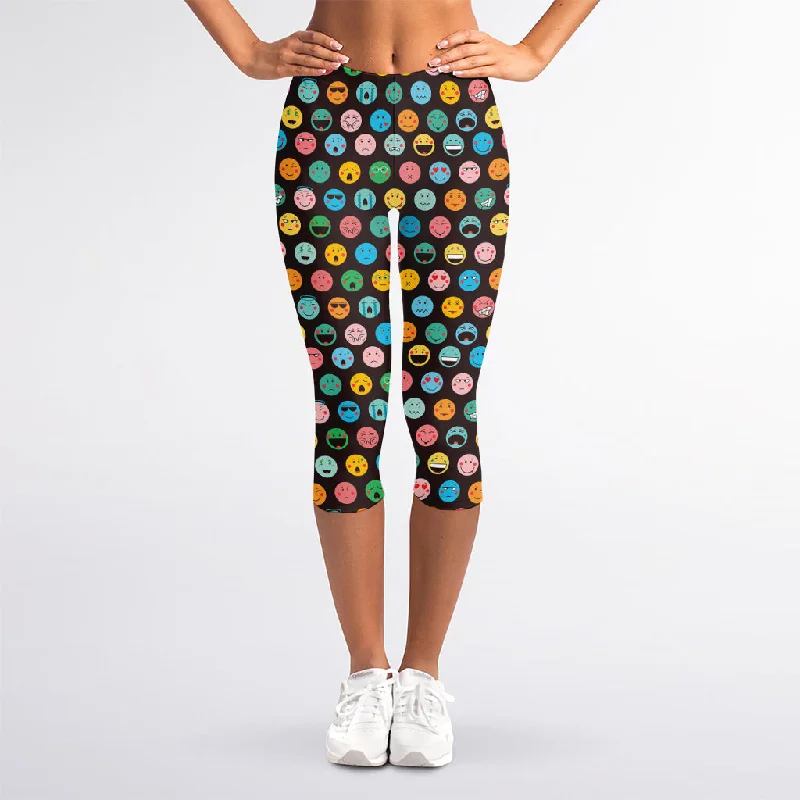 Colorful Emoji Faces Pattern Print Women's Capri Leggings Fashionable Plus-Size Activewear