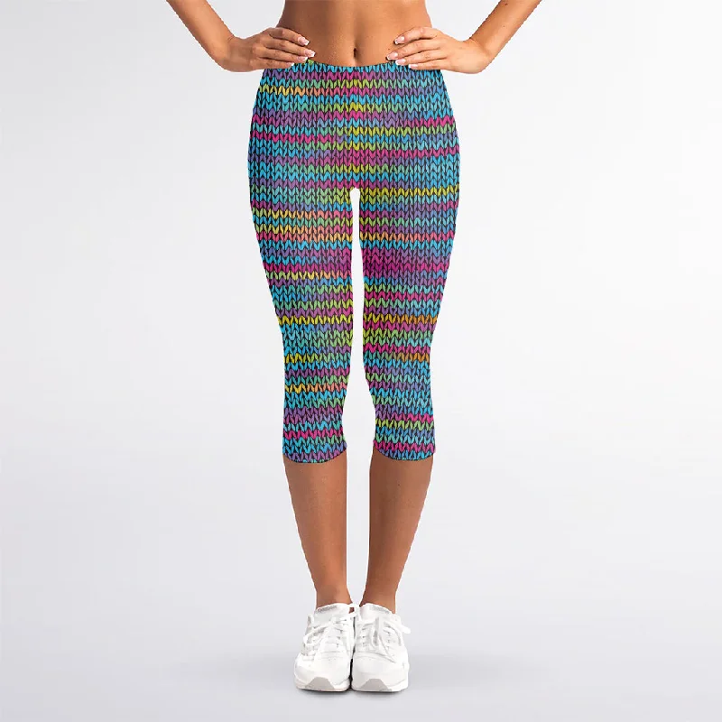 Colorful Knitted Pattern Print Women's Capri Leggings Fashionable Moisture-Wicking Leggings