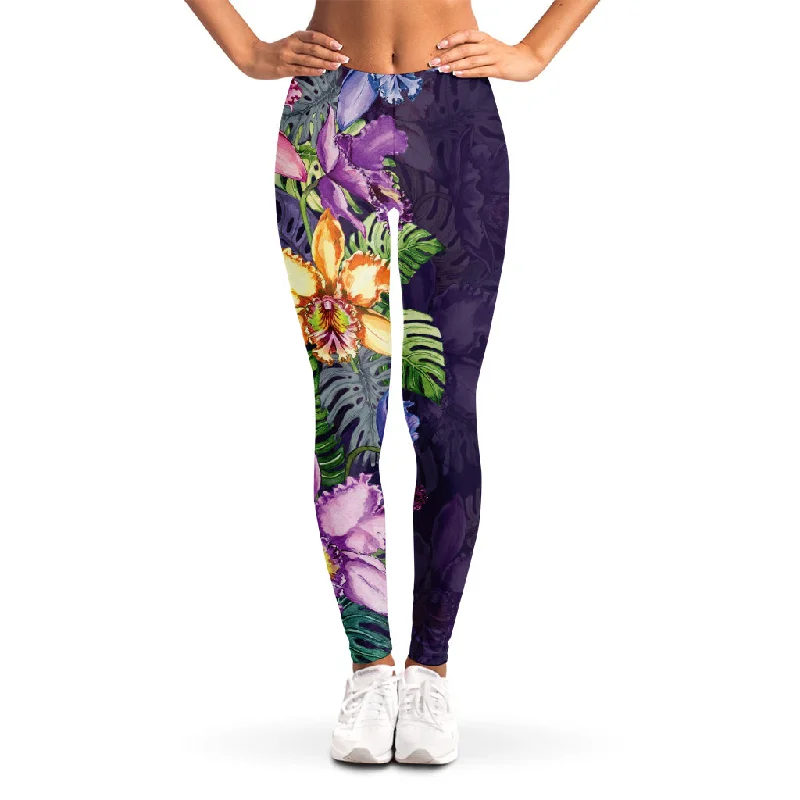 Colorful Watercolor Cattleya Print Women's Leggings Fashionable Fitted Workout Leggings