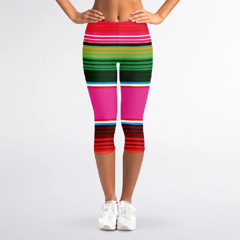 Colorful Mexican Blanket Stripe Print Women's Capri Leggings Comfortable Sports Performance Tights