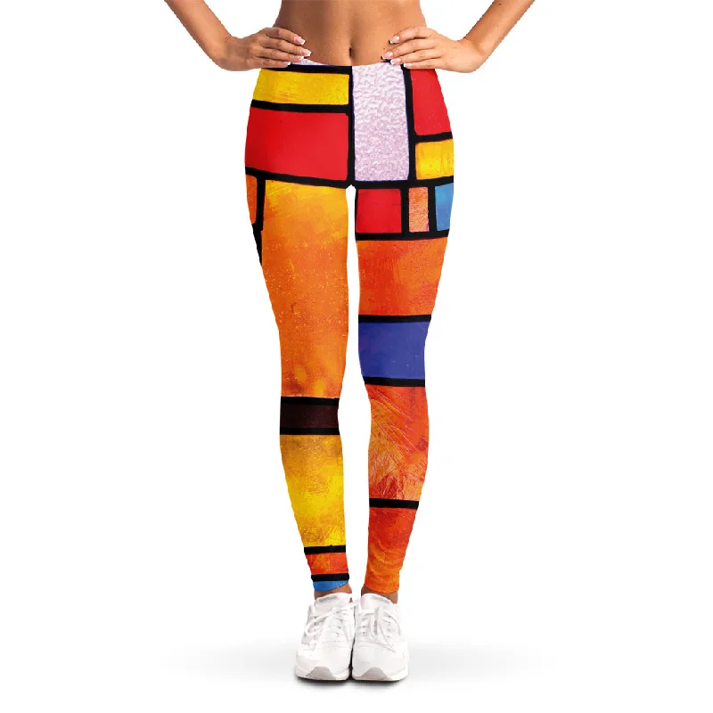 Colorful Stained Glass Mosaic Print Women's Leggings Trendy Activewear Leggings