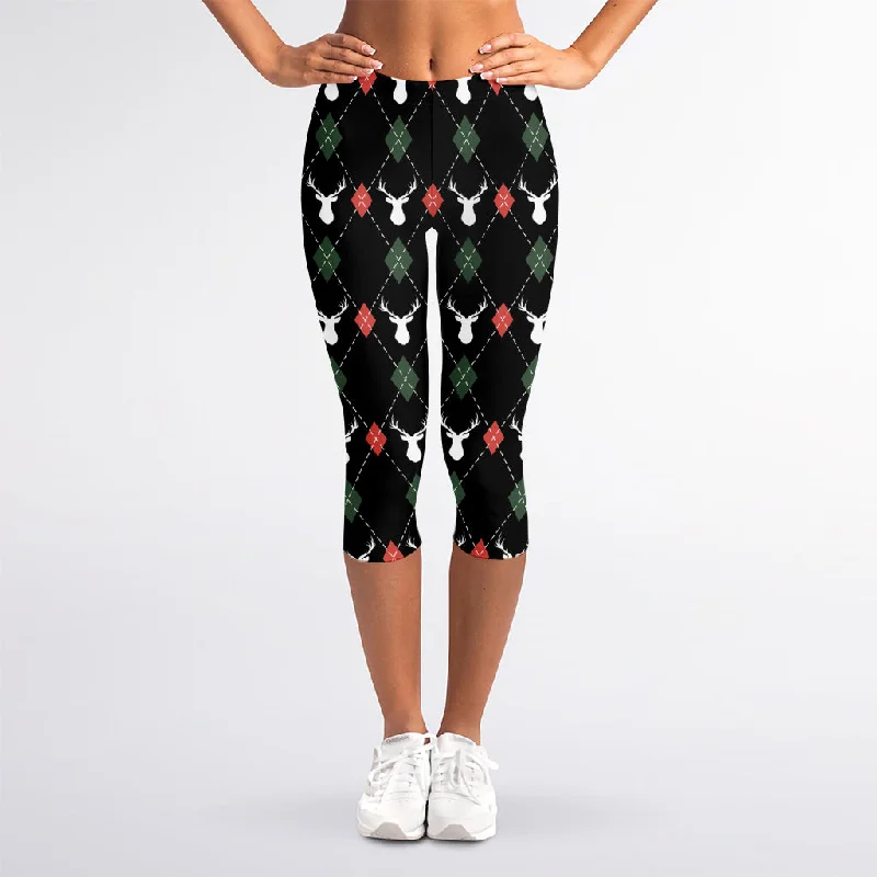 Christmas Deer Argyle Pattern Print Women's Capri Leggings Stylish Stretch Pants Leggings