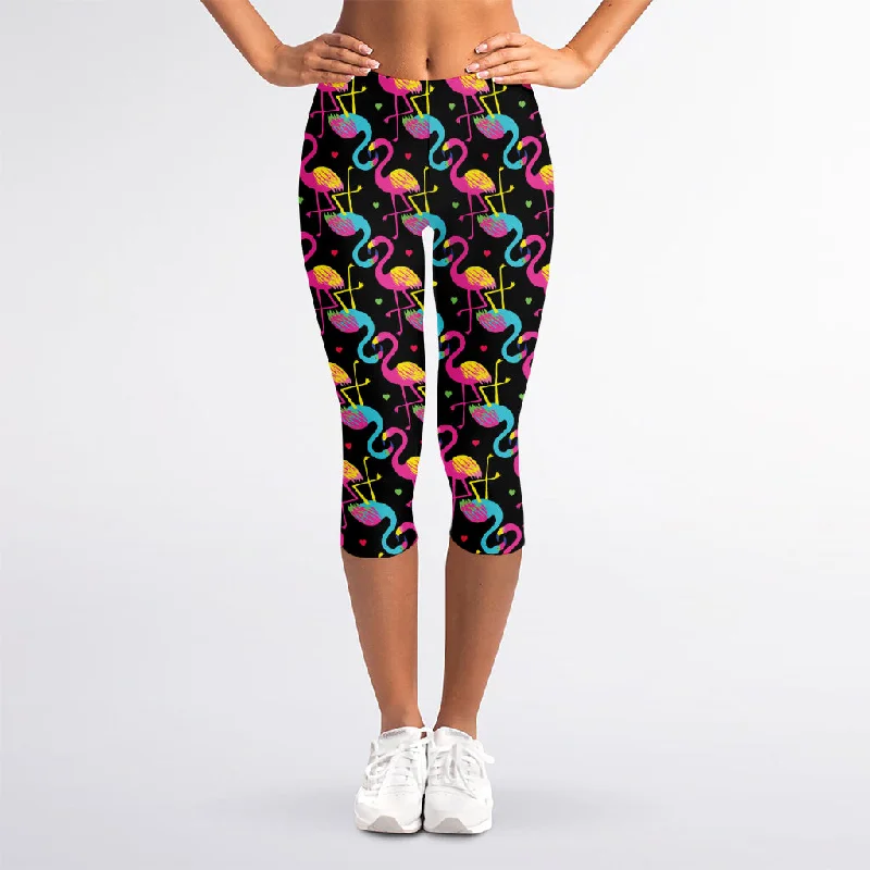 Colorful Flamingo Pattern Print Women's Capri Leggings Elegant Full-Body Leggings