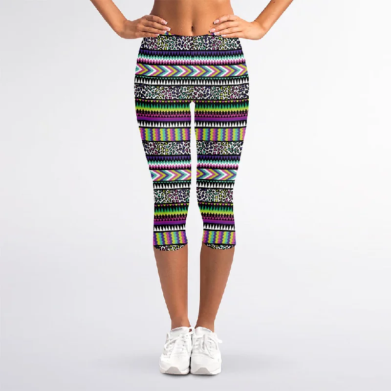 Colorful Leopard Navajo Tribal Print Women's Capri Leggings Stylish Yoga Leggings