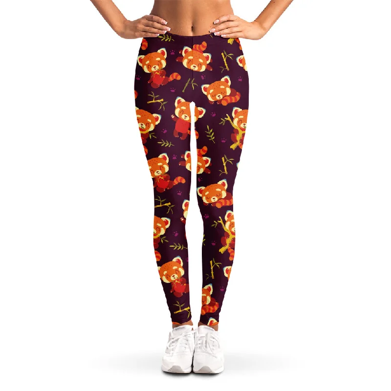 Cute Cartoon Red Panda Pattern Print Women's Leggings Comfortable Ribbed Waistband Leggings