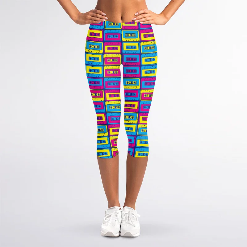 Colorful Cassette Tape Print Women's Capri Leggings Comfortable Athletic Tights