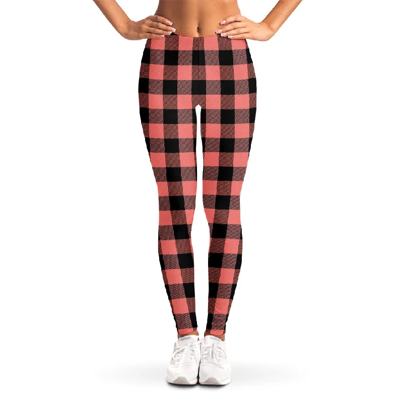 Coral Pink And Black Buffalo Check Print Women's Leggings Cozy Lounge Pants Leggings