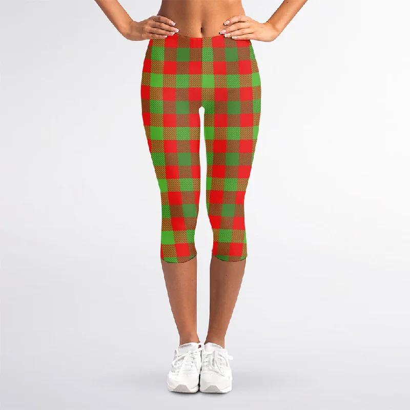 Christmas Buffalo Plaid Print Women's Capri Leggings Comfortable Zip-Up Leggings