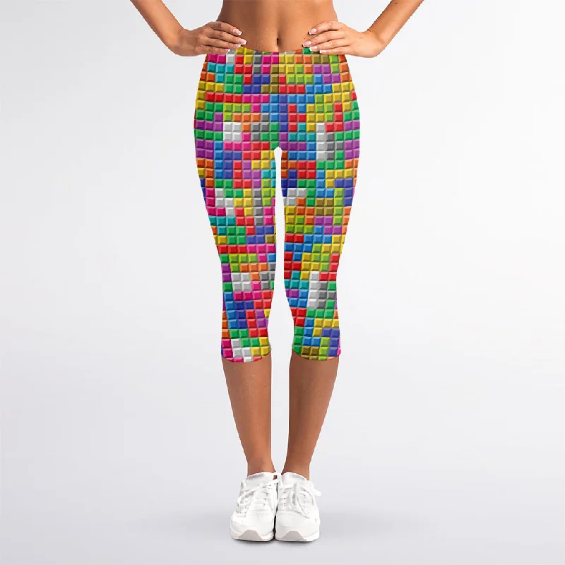 Colorful Brick Puzzle Game Pattern Print Women's Capri Leggings Comfortable Wide-Band Leggings