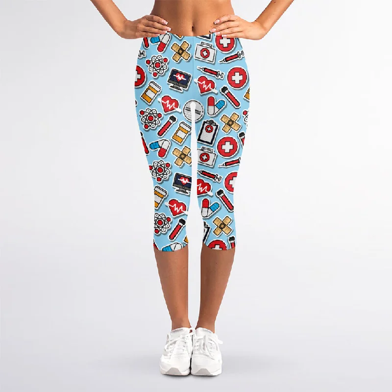 Colorful Medical Pattern Print Women's Capri Leggings Comfortable Athletic Tights