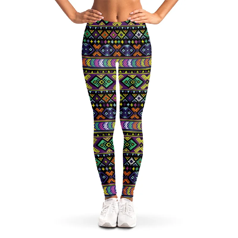 Colorful Native Navajo Tribal Print Women's Leggings Comfortable Ribbed Waistband Leggings