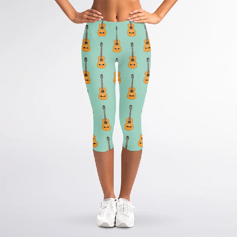 Classical Guitar Pattern Print Women's Capri Leggings Trendy Side-Pocket Leggings