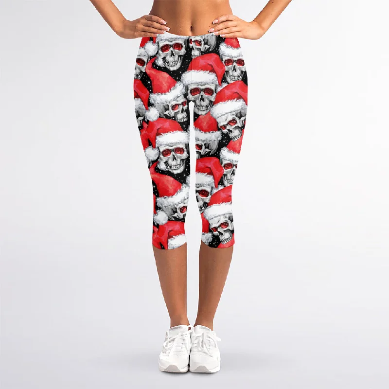 Christmas Santa Skull Pattern Print Women's Capri Leggings Trendy Leather-Look Workout Leggings