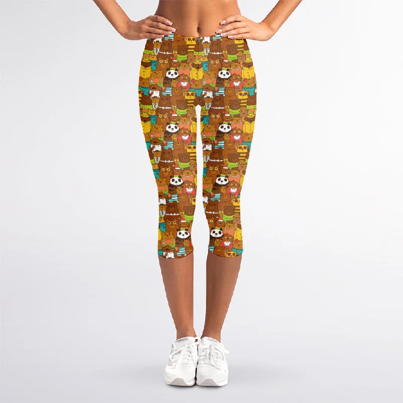 Colorful Cartoon Baby Bear Pattern Print Women's Capri Leggings Stylish Ultra Stretch Leggings