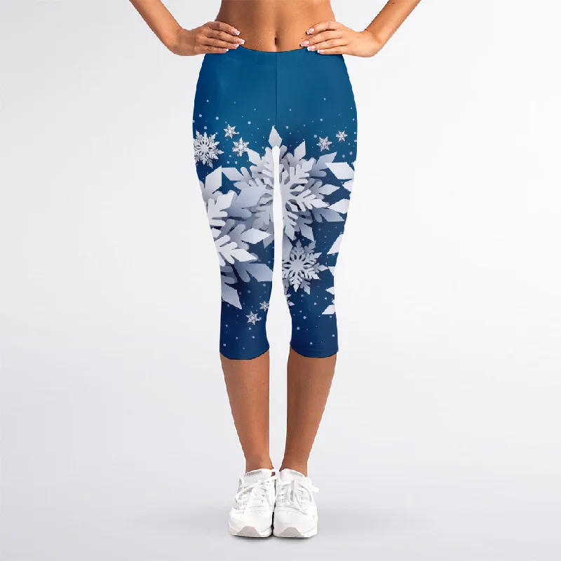 Christmas Snowflake Print Women's Capri Leggings Trendy Minimalist Leggings