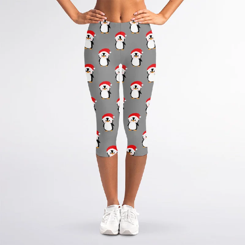 Christmas Santa Penguin Pattern Print Women's Capri Leggings Comfortable Ribbed Sports Leggings