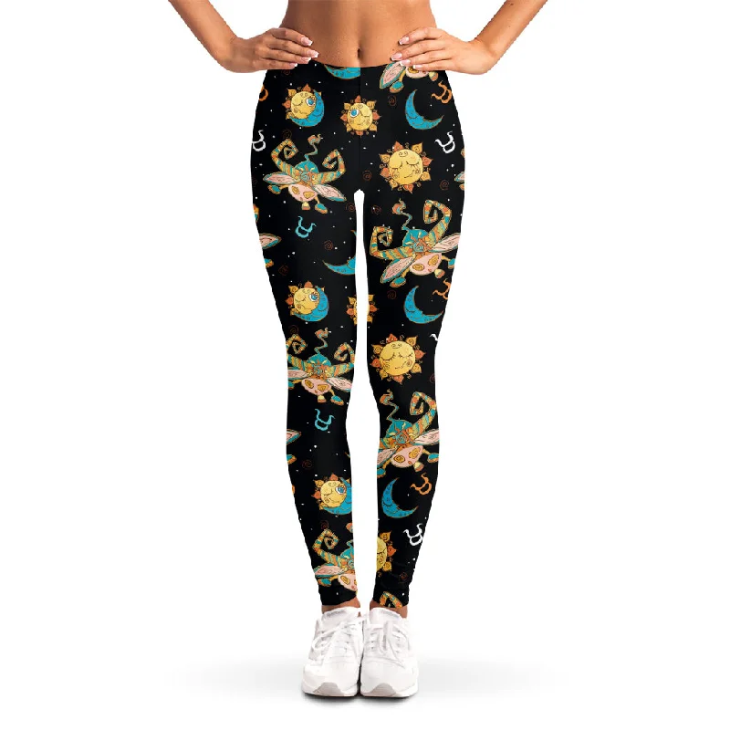 Cute Cartoon Taurus Pattern Print Women's Leggings Elegant Shiny Black Leggings