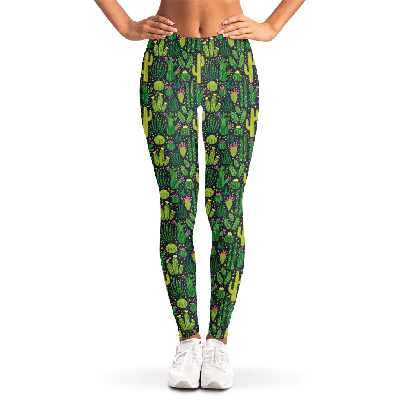 Cute Cactus Plant Pattern Print Women's Leggings Fashionable Embroidered Detail Leggings