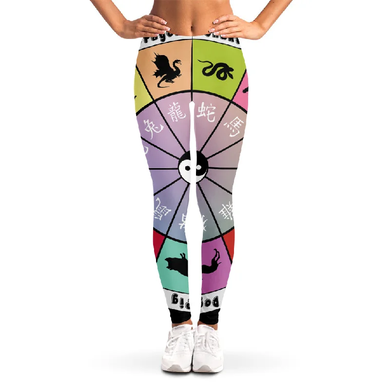 Colourful Chinese Zodiac Wheel Print Women's Leggings Fashionable Embroidered Detail Leggings