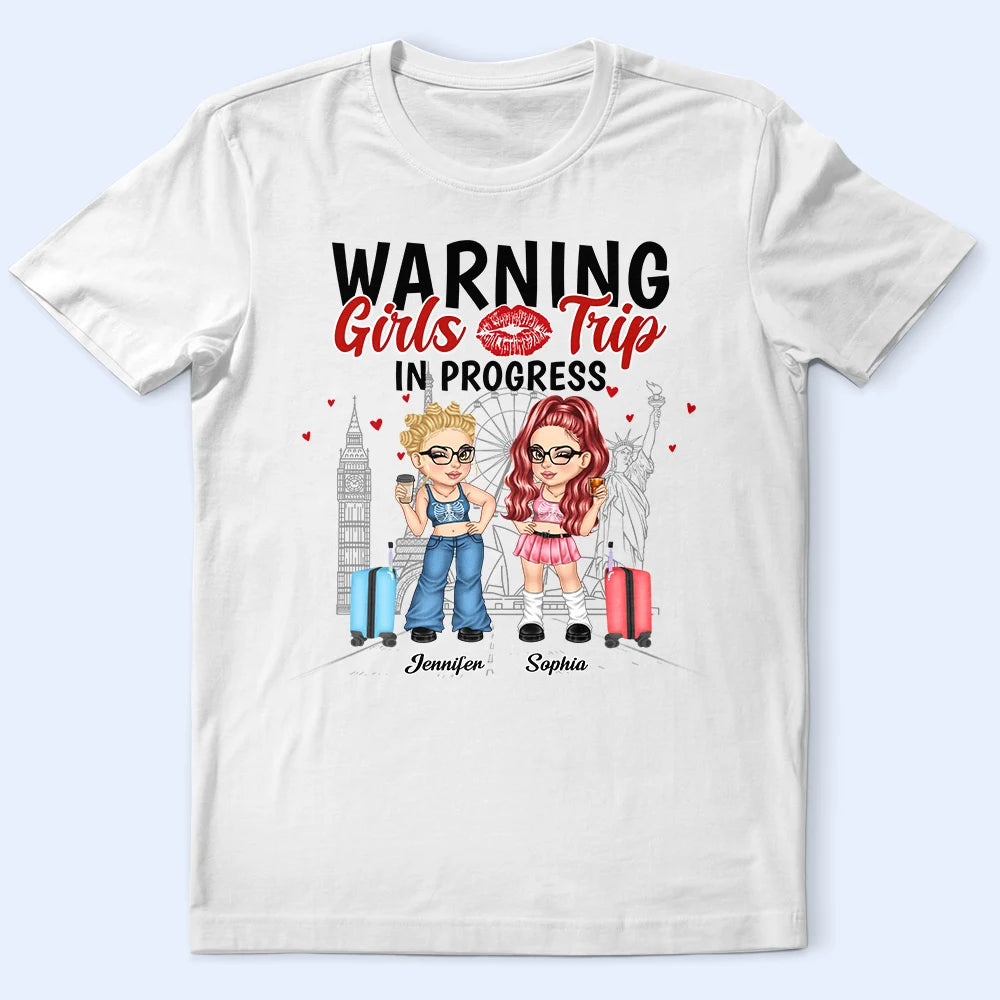 Warning Girls Trip In Progress - Personalized T Shirt Houndstooth Herringbone Solid