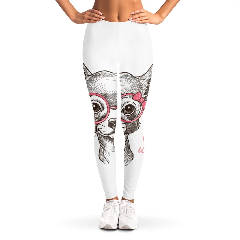 Cute Chihuahua With Glasses Print Women's Leggings Cozy Warmth Leggings