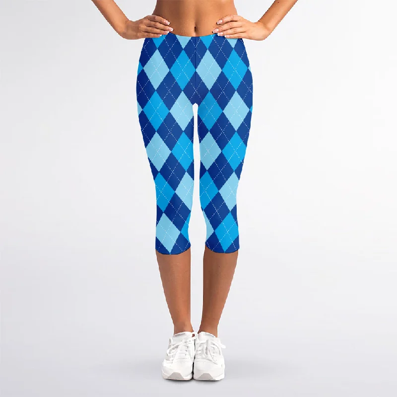 Classic Blue Argyle Pattern Print Women's Capri Leggings Trendy Adjustable Waist Leggings