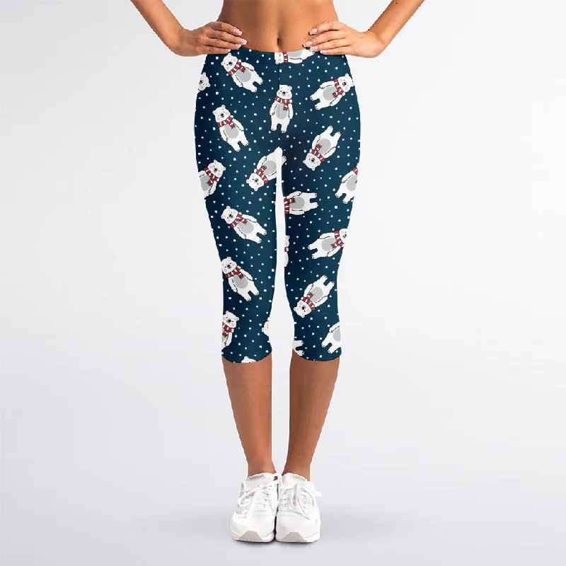 Christmas Polar Bear Pattern Print Women's Capri Leggings Comfortable Fleece-Lined Leggings